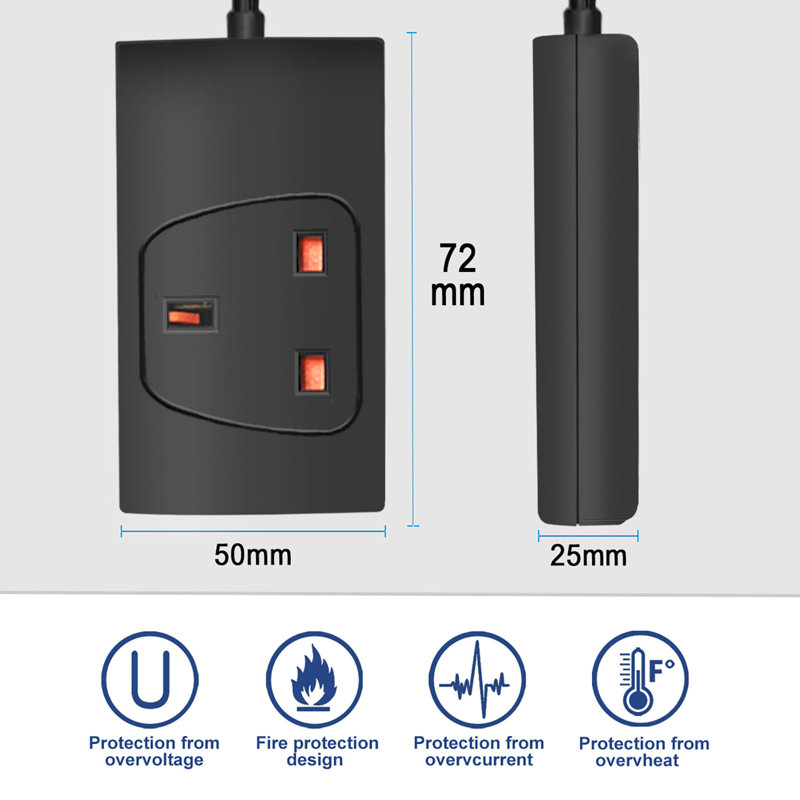 1 Gang Single Socket Extension Lead 13A UK 3Pin Plug - 10 Metre Cable, 2.5cm H x 7.5cm W x 5cm D, Matte Black