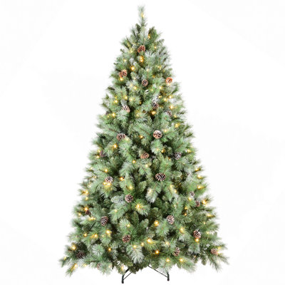 9FT Christmas Tree With 700 LED Lights, 2518 PVC & Hard Needle Tips, 122 Pine Cones, Hinged Branch Design, Sturdy Metal Stand