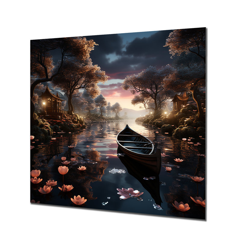 «Dinghy Floating On Misty Magic Lotus Pond - Lake», reproduction d'art murale, Sans cadre, métal, H 36 po x l 36 po