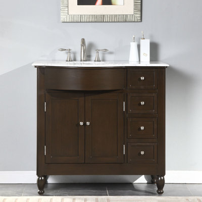 36" White Bathroom Vanity Single Right Hand Sink Cabinet Marble Top