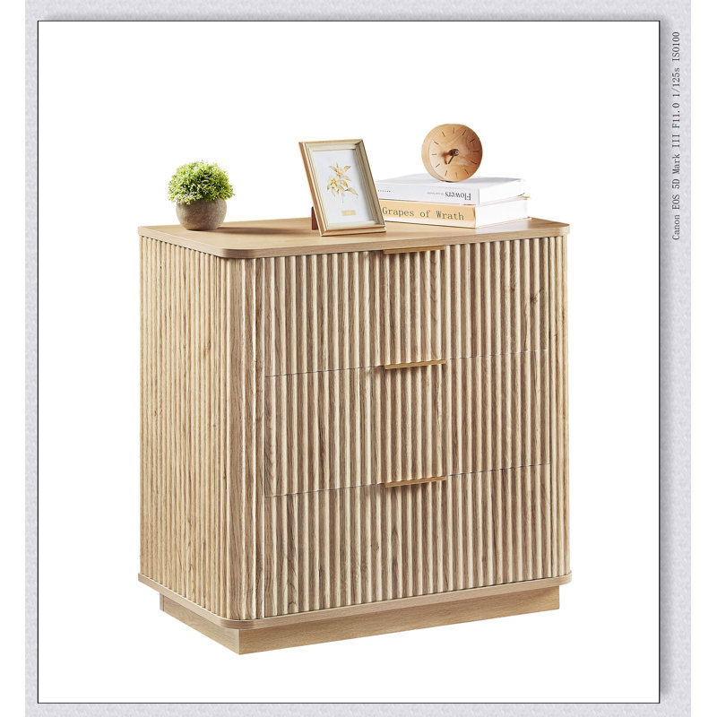 Commode à 3 tiroirs au design ondulé, commode moderne pour la chambre à coucher et le salon, finition chêne, solution de rangement peu encombrante