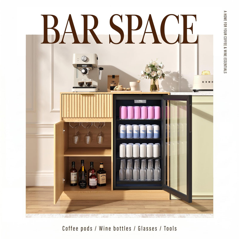 Bar à café 39,4 "avec prise électrique, mini-réfrigérateur et support à verres à vin, Chêne