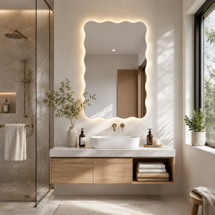 Scalloped Wavy Led Backlit Bathroom Mirror With Anti-fog, 3 Color Temperature Dimmable Light, Frameless Tempered Glass Vanity Mirror (vertical/horizontal, Plug-in/hardwired)