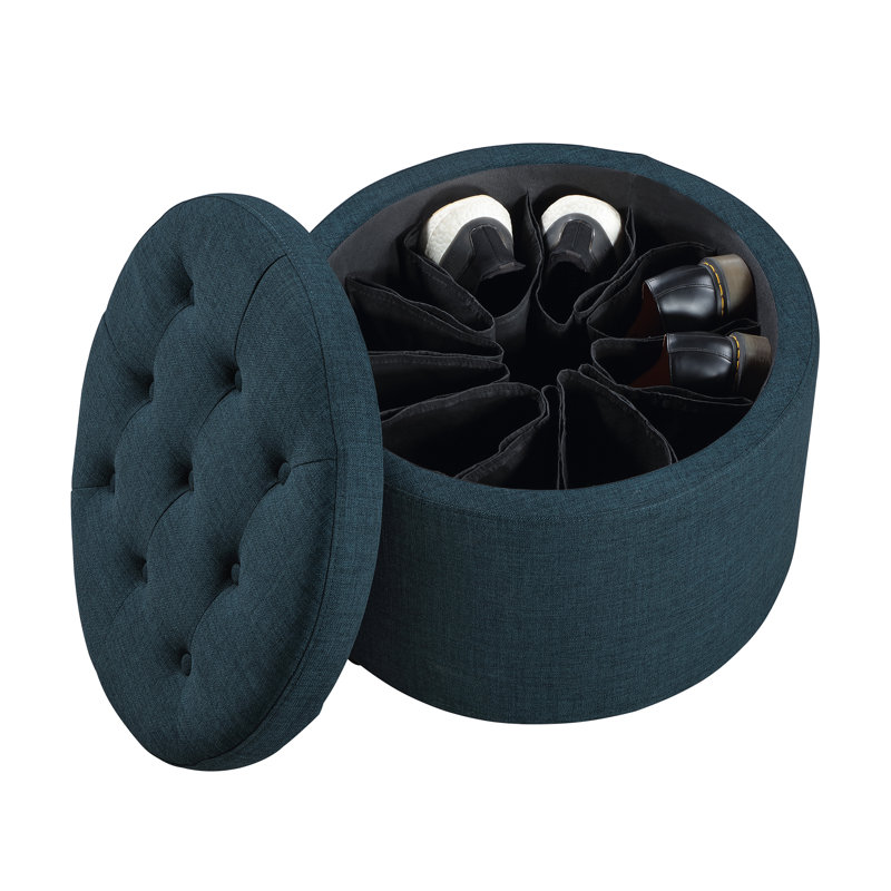Repose-pieds de rangement rond capitonné de 22 po Stansell, Tissu bleu foncé