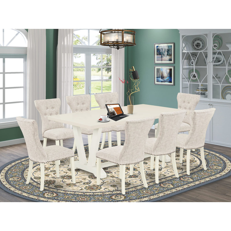 Ensemble de table de salle à manger 9 pièces et 8 chaises rembourrées en tissu de lin avec dossier capitonné - Lin brossé blanc