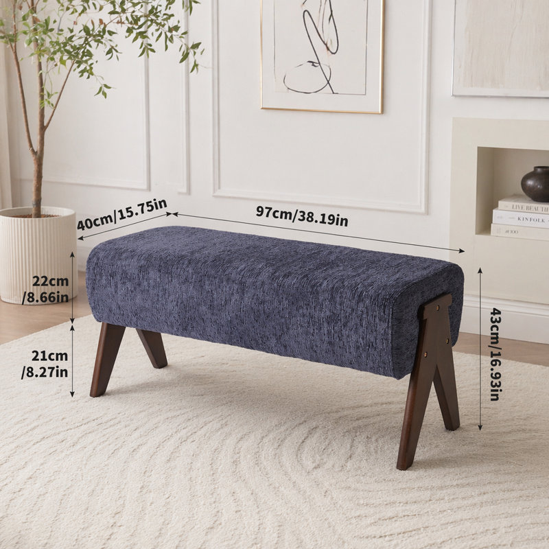 Banc rembourré moderne avec tissu en chenille doux et pieds en bois massif, Bleu