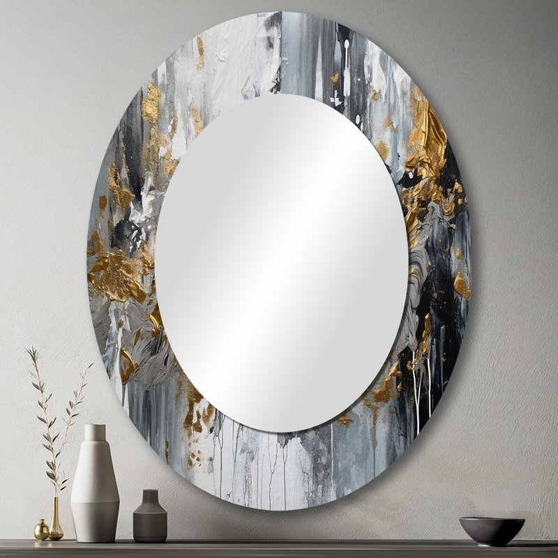 Noir et blanc délicat coups de pinceau I - miroir décoratif ovale abstrait sur métal, 43 po x 33 po