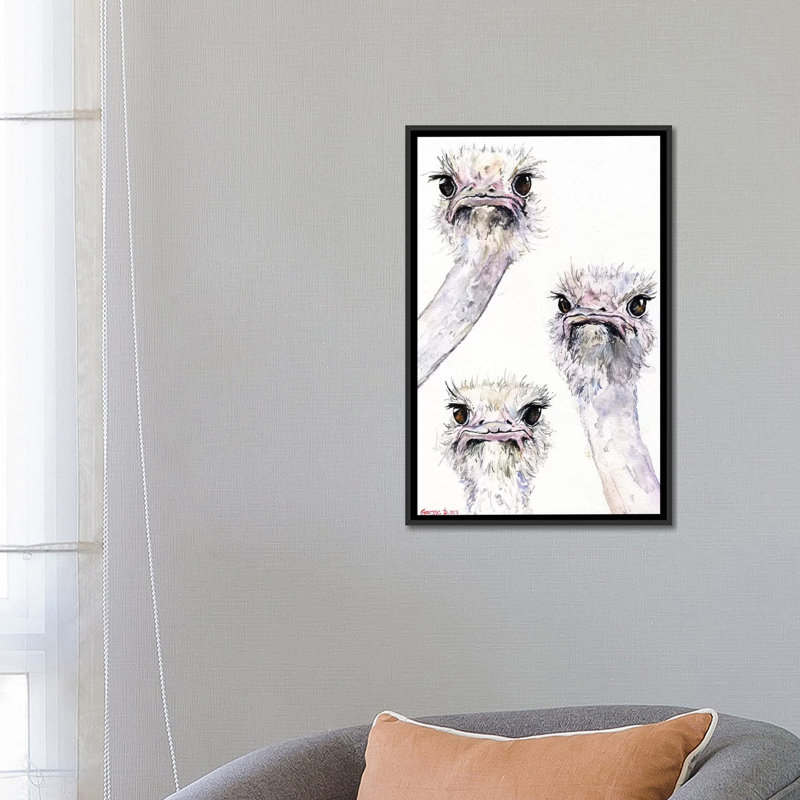 «Ostriches» par George Dyachenko - reproduction d'art sur toile tendue, H 26 po x l 18 po x P 1,5 po, Toile avec cadre noir