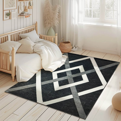 Tapis abstrait abstrait épais et épais sculpté à la main à motif géométrique 80014 noir 5 x 7