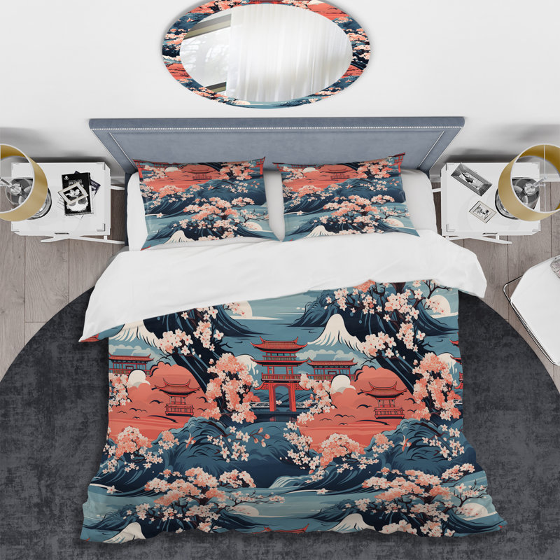 Yellow Torii Gate Japanese Pattern II Duvet Cover, Twin Duvet Cover + 1 Standard Sham