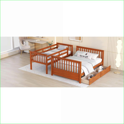 Lit superposé simple au-dessus d'un lit double avec tiroirs de rangement, structure en bois de pin massif, aucun sommier nécessaire, finition noyer pour chambre d'amis / deuxième chambre