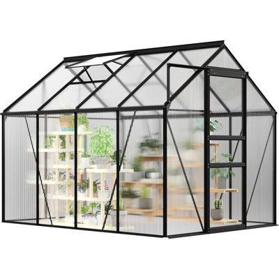 6x8 ft Walk-In Polycarbonate Greenhouse with Aluminum Frame, 4mm Twin-Wall Panels, Sliding Door, Adjustable Roof Vent and Rain Gutters for Backyard Garden