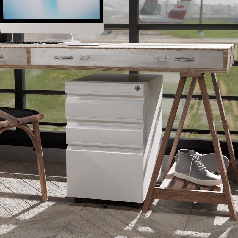 Ktina 14.57" Wide 3 -Drawer Mobile Steel Vertical Filing Cabinet with Lock and Wheels, White