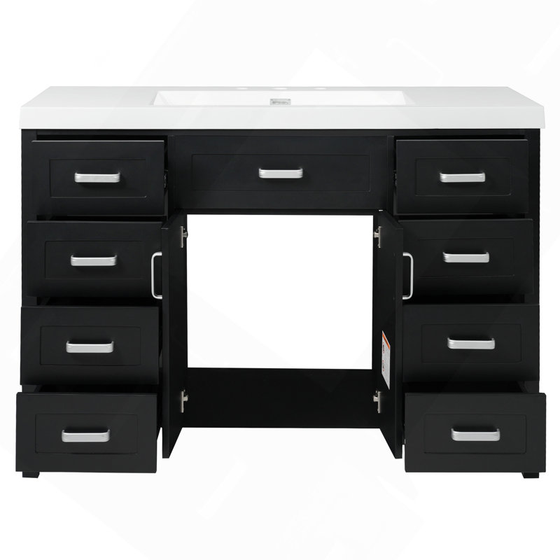 Meuble-lavabo 48 po avec lavabo, 2 portes et 8 tiroirs, système de fermeture en douceur, design classique, noir, Black