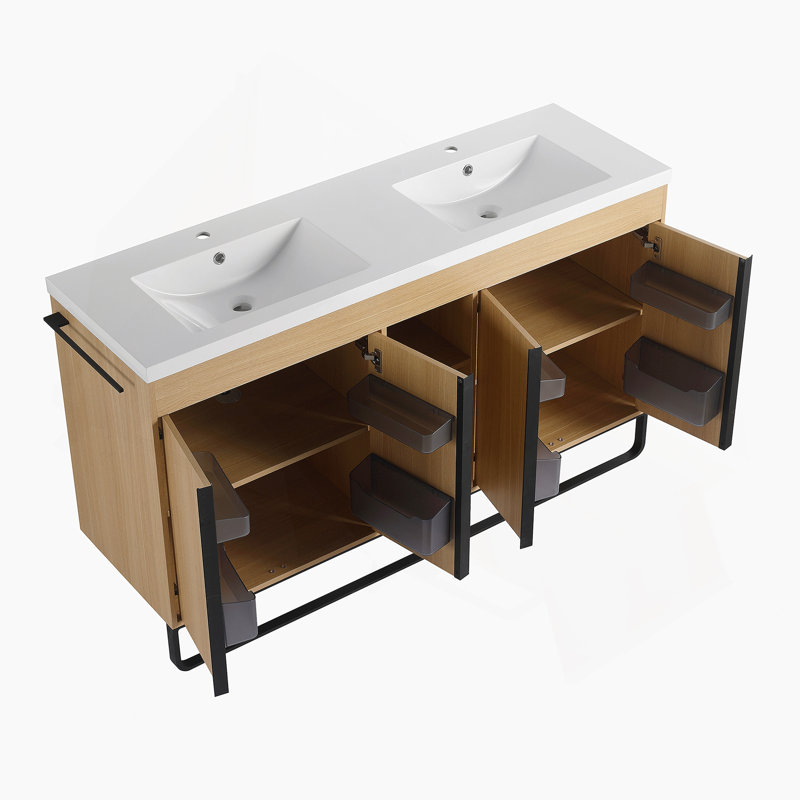 Meuble-lavabo autoportant de 60 po avec lavabo double en résine, portes à fermeture en douceur et supports de rangement ouverts, fabrication en contreplaqué