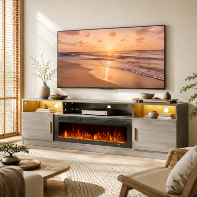 80" Electric Fireplace TV Stand , fits TVs Up to 90", Media Console with Electric Fireplace and Power Outlets, 12 Flame Colors，Large Storage Space