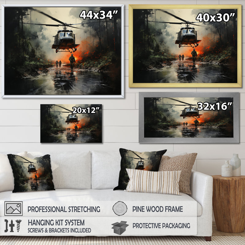 «Military Helopter In Vietnam War», reproduction sur toile, Cadre photo noir, H 12 po x l 20 po x P 1 po