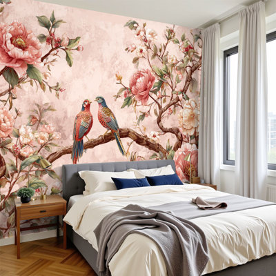 Papier peint auto-adhésif chinoiserie, gouache, pivoines, faisans, H 100 po x l 144 po, papier peint amovible, adhésif mural pour chambre à coucher, bureau à domicile