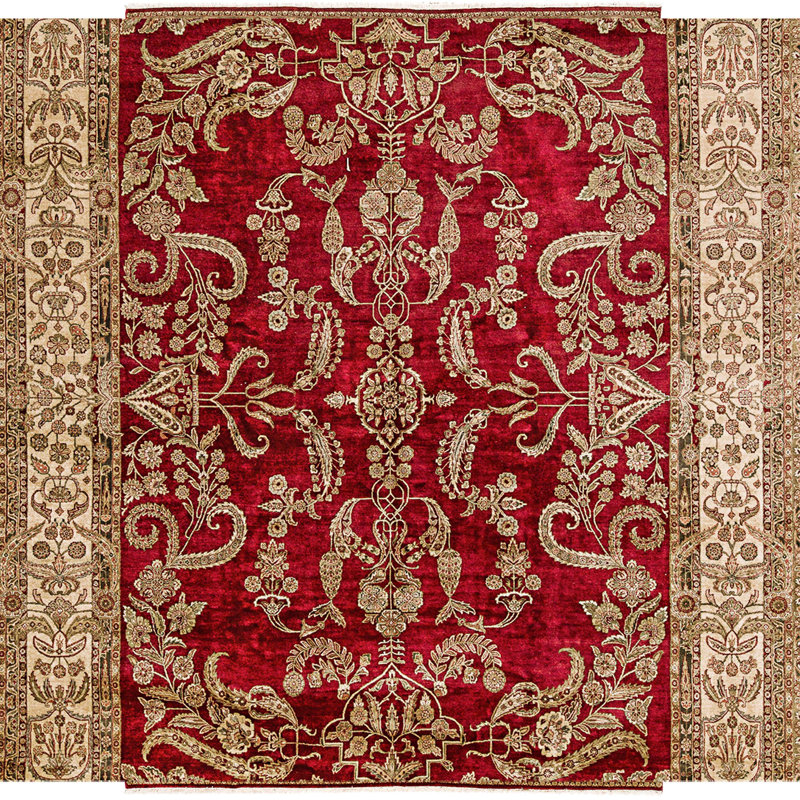 Hand Knotted Wool Area Rug in Wine And Gold