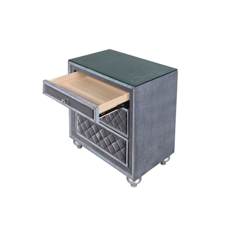 1pc Glam 3-Drawer Nightstand Velvet Tufted Drawer Front Jewelry Tray Faux Crystal Drawer Knobs