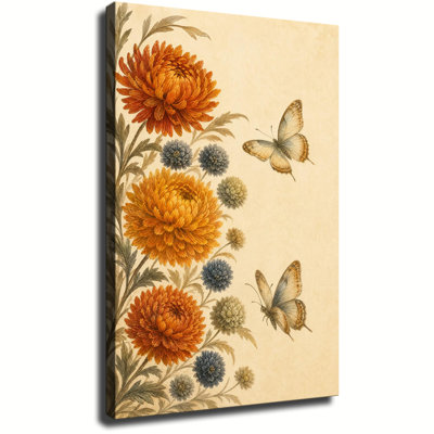 Antique Style Orange Mum Flower Grey Wildflower Butterfly Canvas Home Decor
