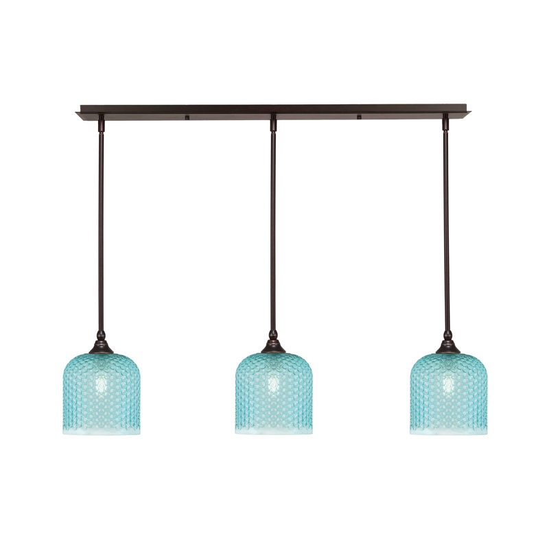 Luminaire suspendu linéaire à 3 lumières avec verre texturé turquoise de 7 po, Bronze huilé