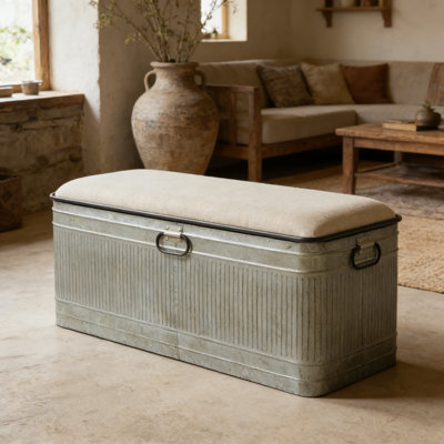 Banc de rangement Farmhouse avec plateau relevable, banc d'entrée en métal rustique avec siège rembourré pour le salon, la chambre à coucher ou le couloir
