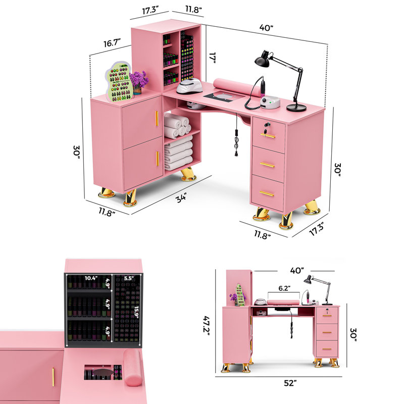 Table de manucure en L avec tiroirs et tablettes Avriel, Rose/Or