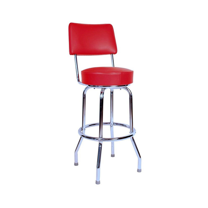 Retro Blue Upholstered Swivel Bar Stool with Metal Frame