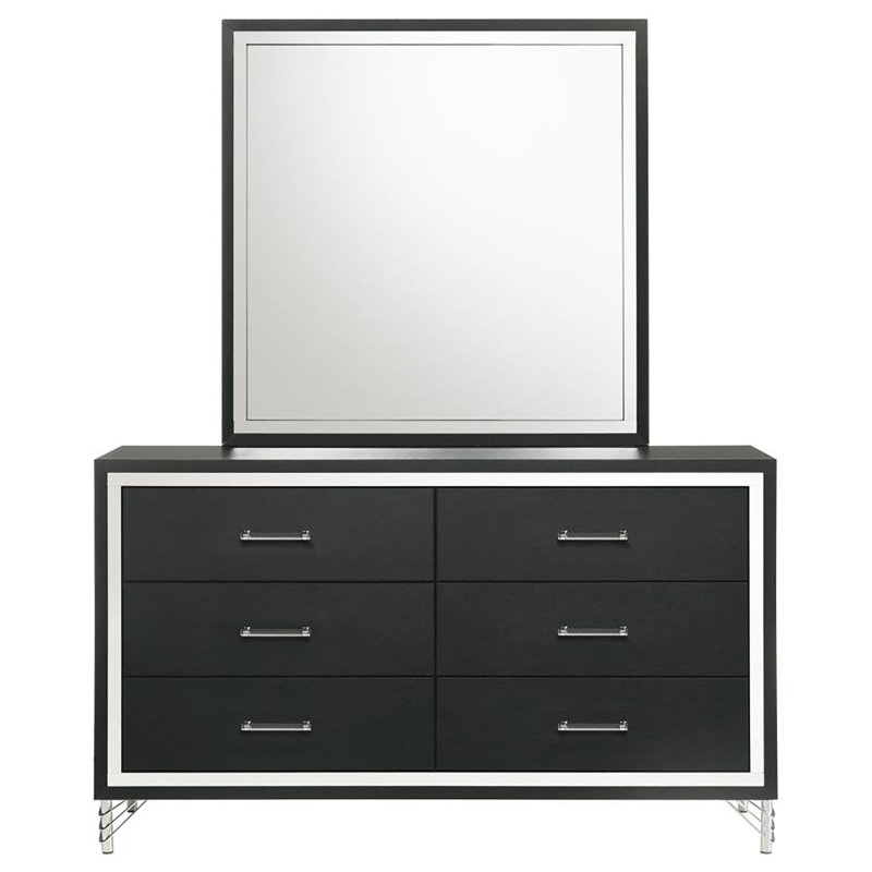 Commode 6 tiroirs avec miroir Cletus, Noir / argenté