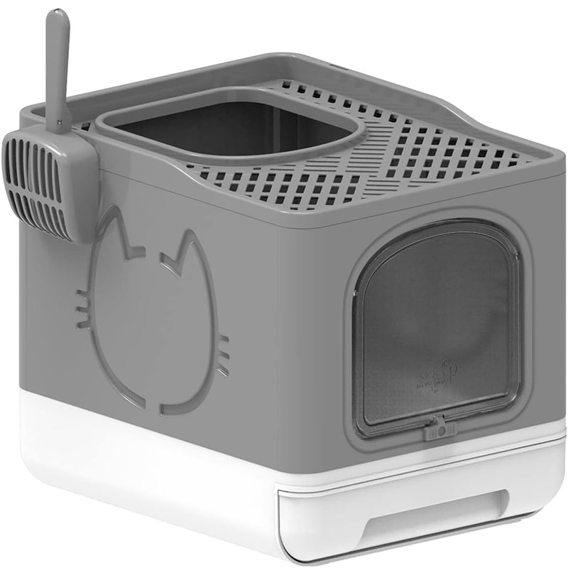 Litière pliable pour chat avec toilette anti-éclaboussures, Gris