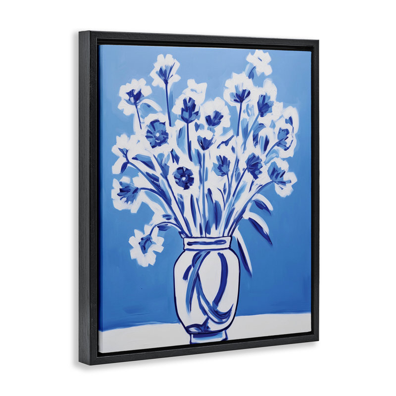 Cadre flottant bleu et blanc à fleurs contrastantes, design par lettré et doublé, Cadre flottant noir de jais