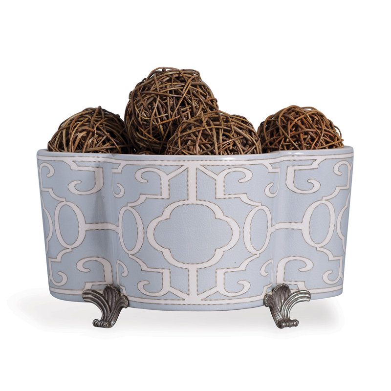 Quatrefoil Blue and Cream Porcelain Planter with Brass Feet