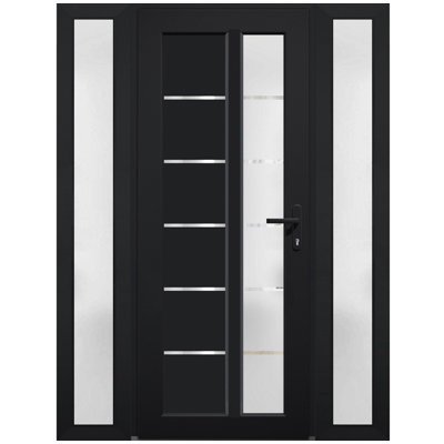 Front Exterior Prehung FiberGlass Door Frosted Glass / Manux 8088 Matte Black / 2 Side Exterior Windows / Office Commercial and Residential Doors Entrance Patio Garage-W14+30+14" x H80"-Left-hand Inswing