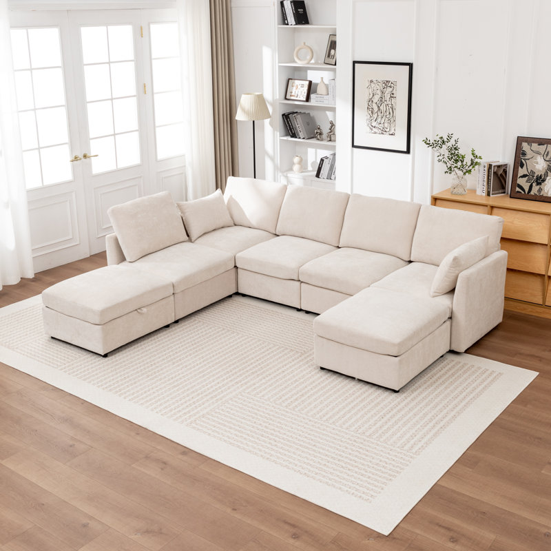 Canapé modulaire en U rembourré en X avec deux repose-pieds de rangement Miller, Beige, H 33 po x l 112 po x P 80 po