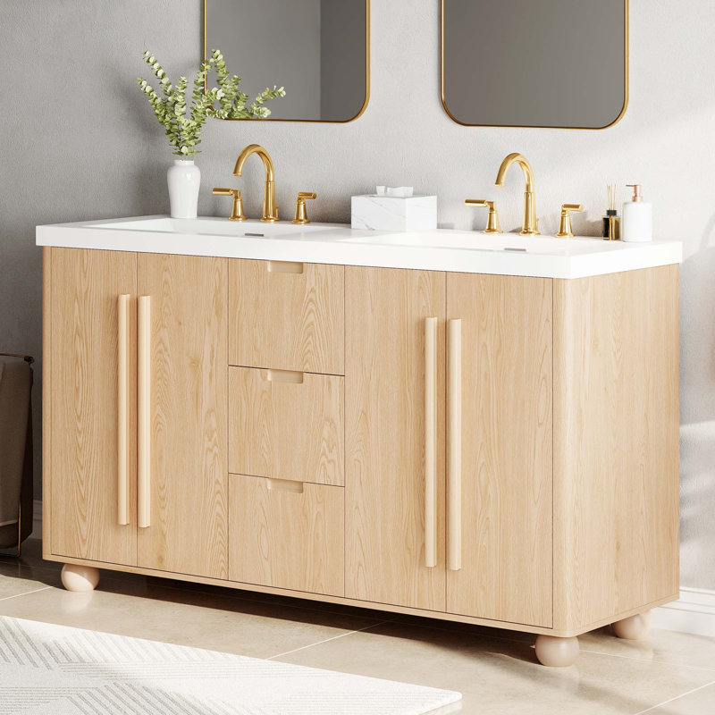 Meuble-lavabo double avec lavabos en résine et grain de bois naturel Modern