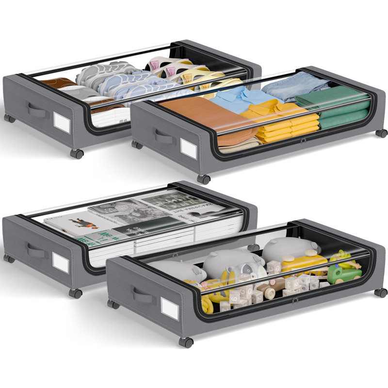 Under Bed Storage With Wheels: 48L Underbed Storage Containers With Lids - Rolling Bins For Shoes Clothes In Dorm Bedroom - Metal Drawers Easy Pull-Out Grey 4-Pack