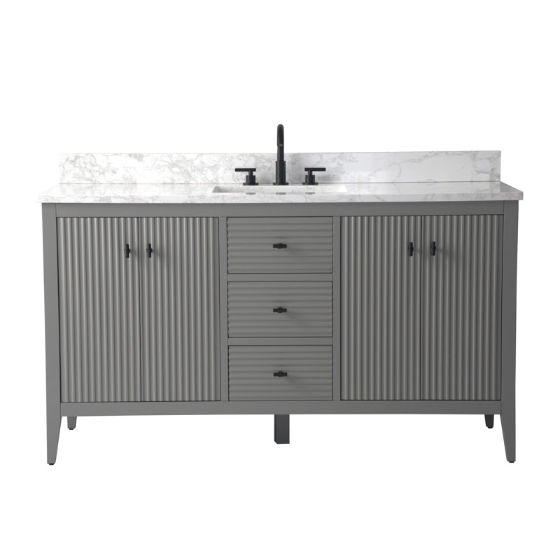 Laval 60" Single Sink Freestanding Bathroom Vanity with Engineered Marble Top, Matte Black, Linear Cashmere Gray