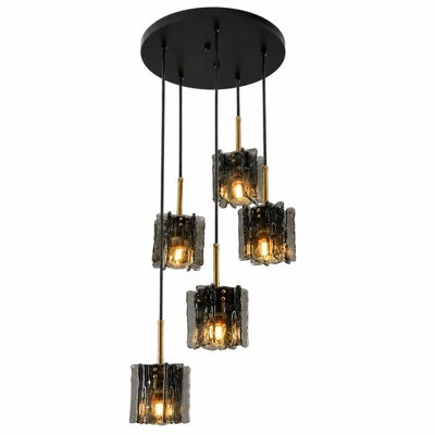 Luminaire suspendu moderne 5 lumières avec abat-jour en verre ondulé fumé, hauteur réglable, noir et laiton