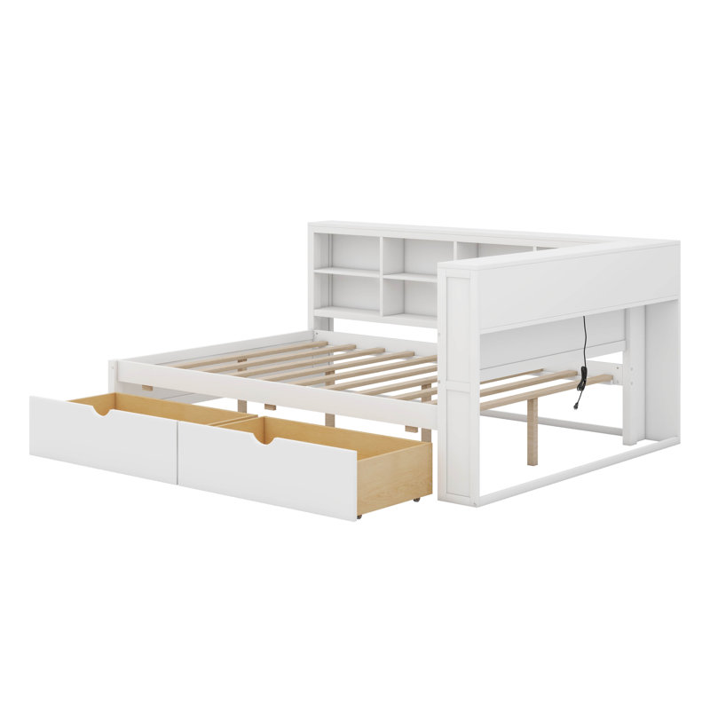 Lit de jour double en bois avec 2 tiroirs, lit de jour avec tablette de rangement et ports de chargement USB, Blanc