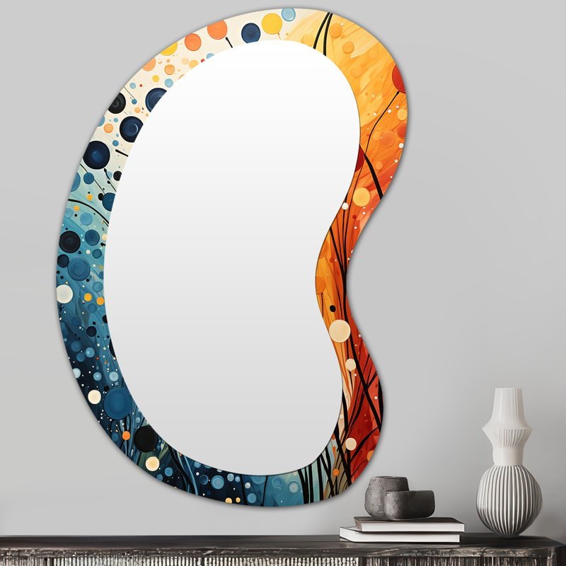 Coloré Mid Century Dynamic Duality III - Décoration abstraite en métal - Miroir mural Mid-Century irrégulier, 31 po x 22 po