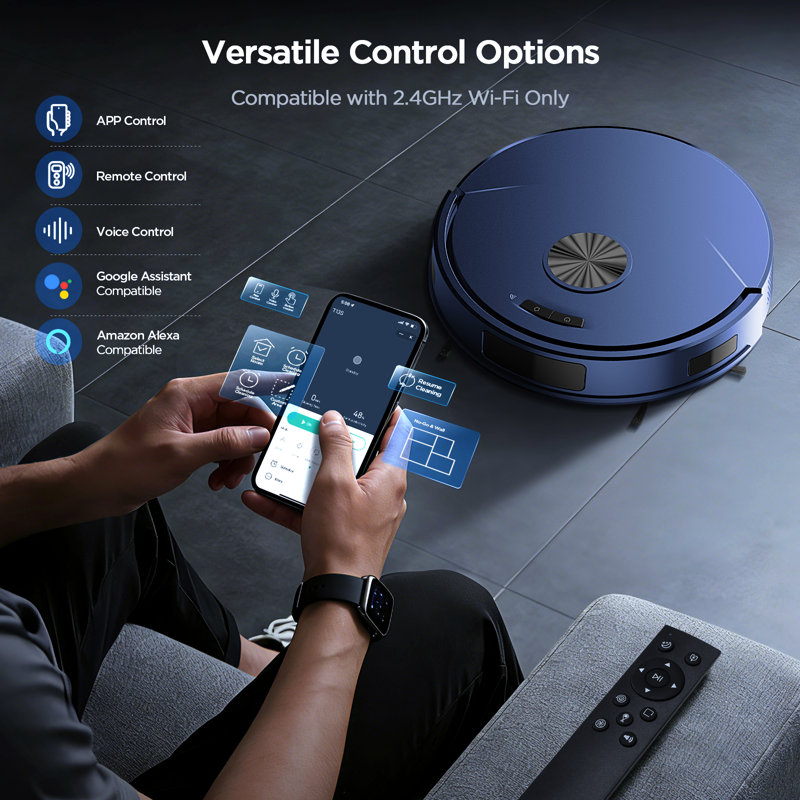 Teendow Robot Vacuum & Mop, Cordless Vacuum Cleaner for Hardwood Floor, Rug, Pet Hair and Carpet, APP/Voice/Remote Control, Hepa Filter, Auto-Charge, Dark Black