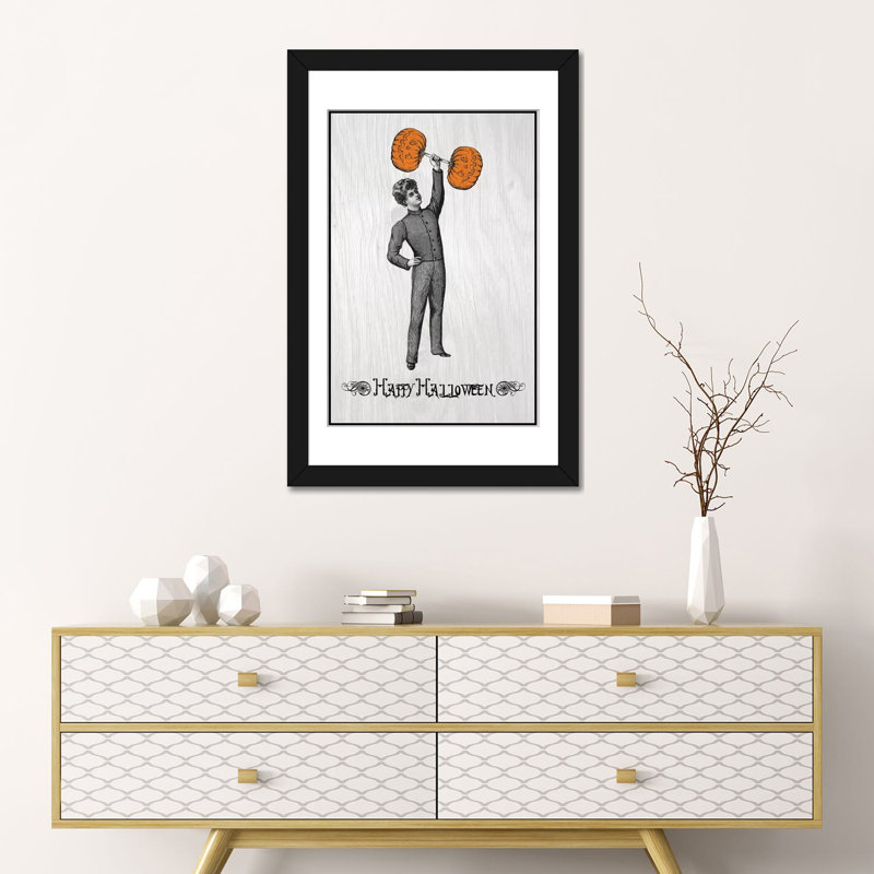 « citrouille strong man », art sur toile tendue, H 24 po x l 16 po x P 1 po, Papier d'art encadré noir, Blanc