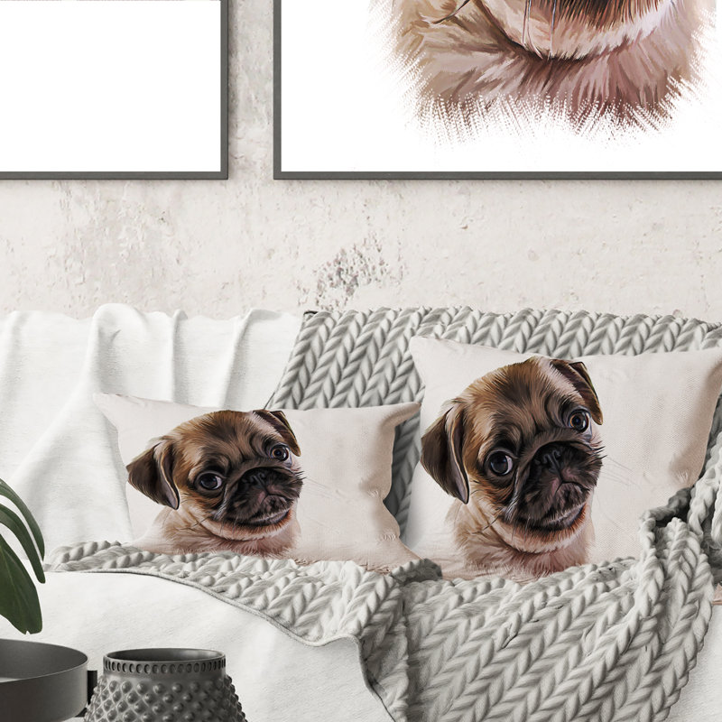 Portrait of a Pug - Coussin décoratif à imprimé traditionnel, 16 po x 16 po