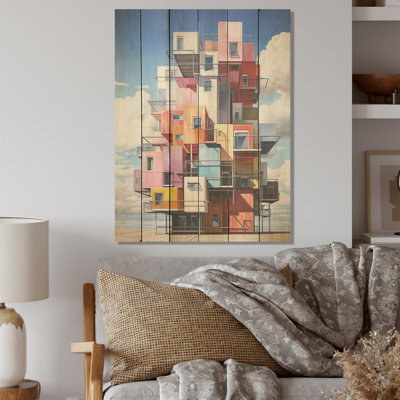 Cubo Condo Tower In Style Of De Stijl - nuages, art mural sur bois de pin naturel