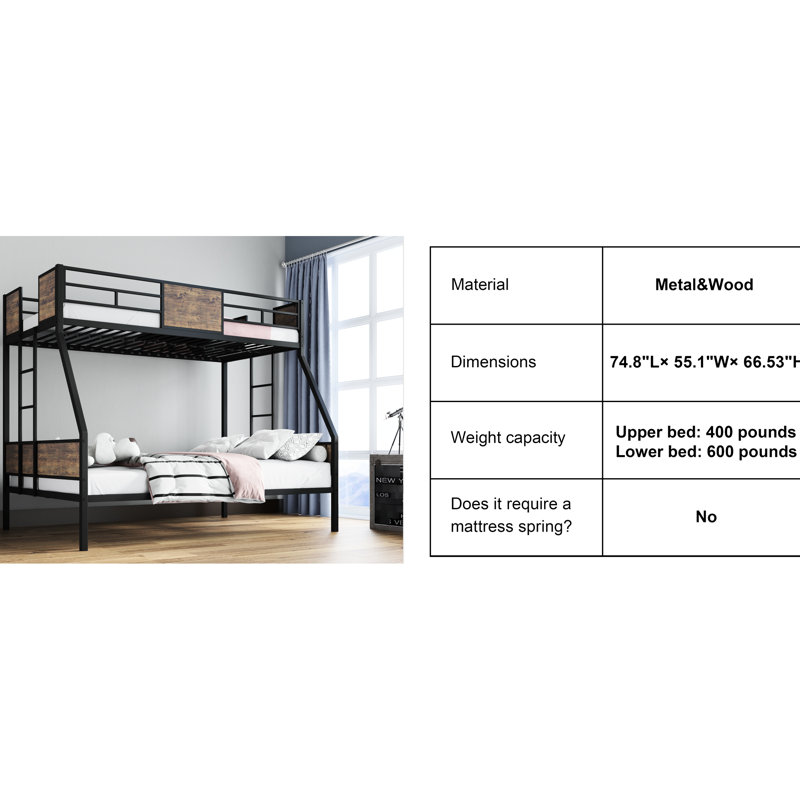 Lit superposé simple au-dessus d'un lit double en métal pour la chambre à coucher, avec garde-corps, lit gigogne, 2 échelles, conception, sans sommier, bois franc d'ingénierie brun, construction solide, installation rapide avec lit gigogne, cadre, espace