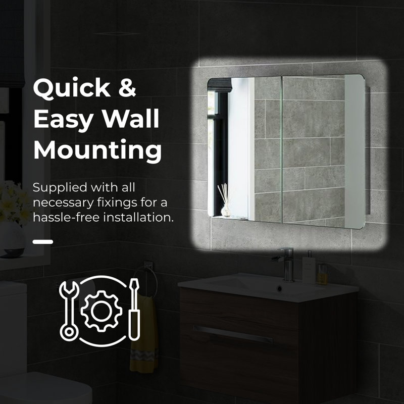 iBathUK Malmo Wall Mounted Stainless Steel Bathroom Mirror Cabinet, Modern Double Door Storage Unit with 3 Shelves, 600 x 800mm