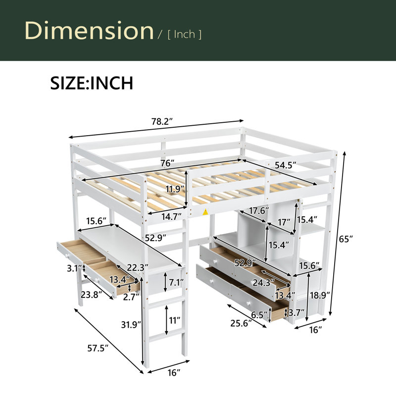 Lit mezzanine double avec bureau intégré avec deux tiroirs et tablettes et tiroirs de rangement