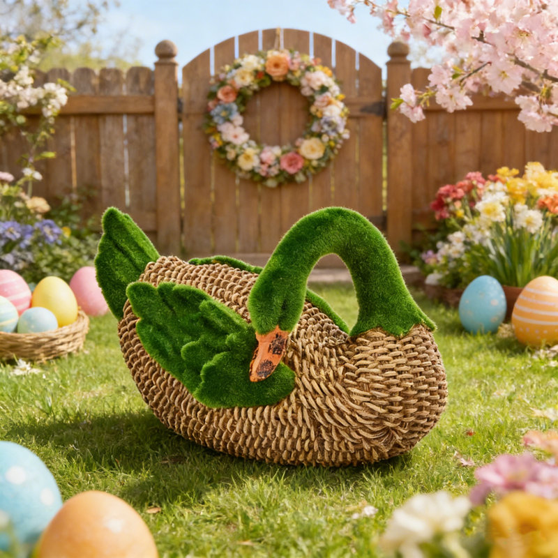 Décoration de canard en mousse et rotin de Pâques - Figurine de canard printanier fantaisiste pour la maison, la table ou le jardin - Mignonnes décorations des Fêtes de Pâques