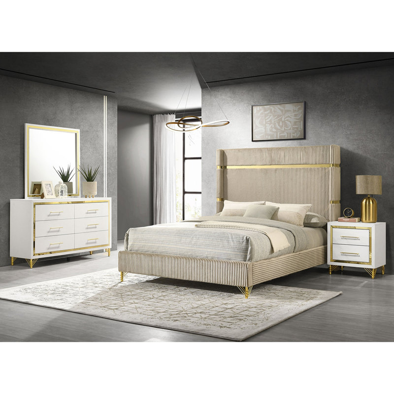 Ensemble de chambre à coucher pour grand lit 4 pièces Malcolm, Beige / Blanc, Grand lit